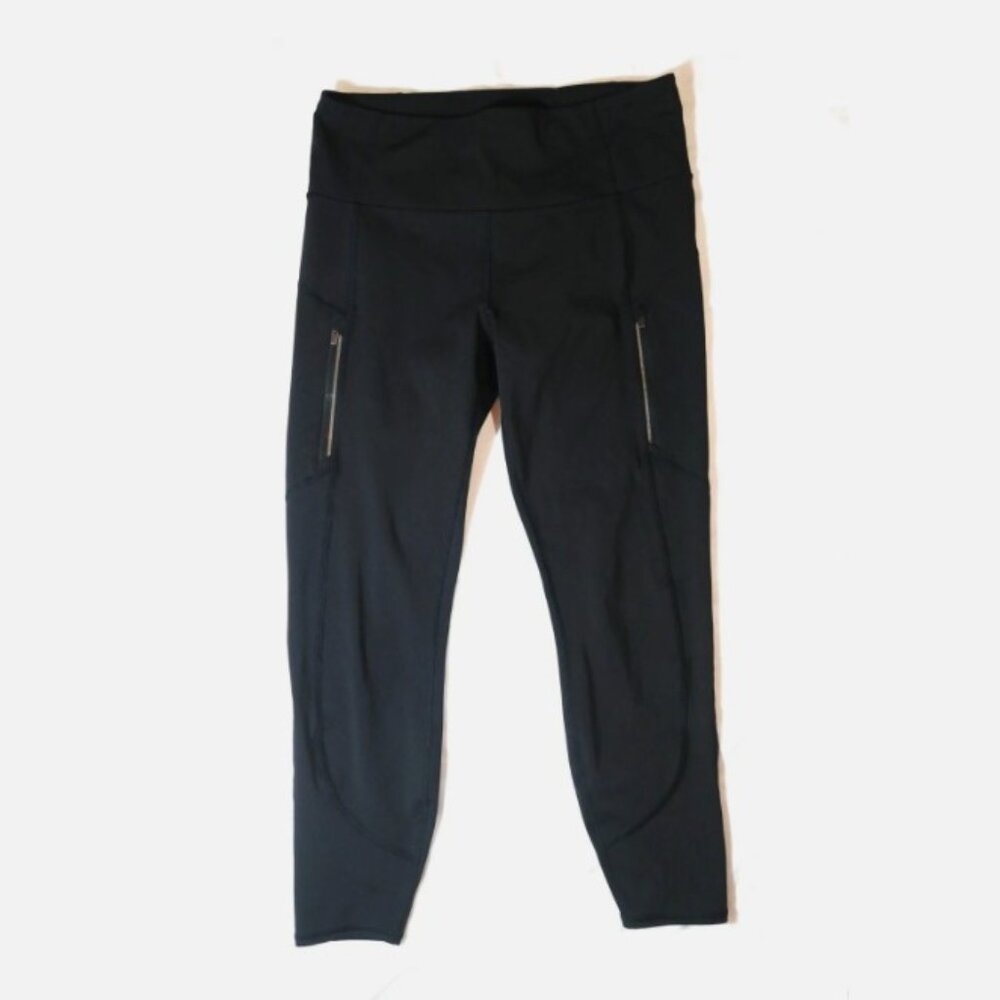 Sz M Athleta Rainier 7/8 High Rise Leggings Black w/ Side Pockets ~ Excellent
